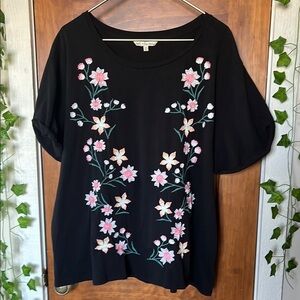 100% Cotton Embroidered Floral Short Sleeve Top Black| Plus Size 3X